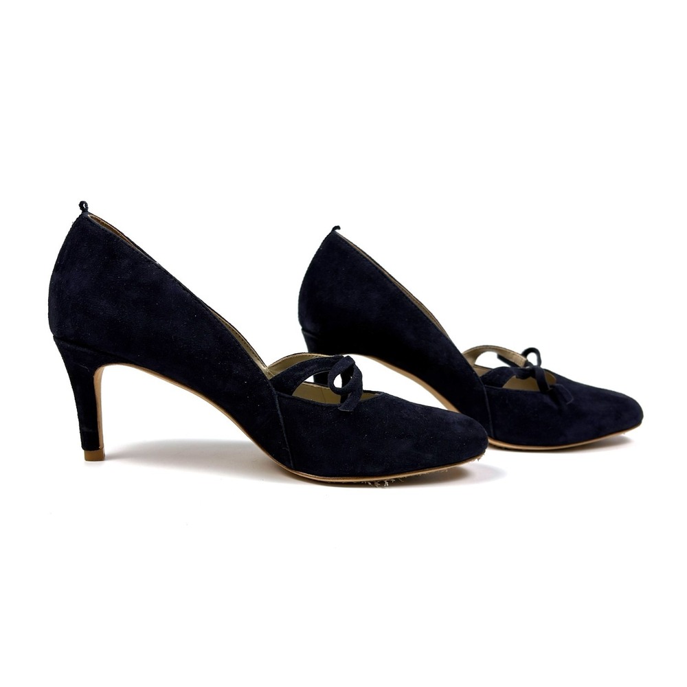 Boden Anthea Suede Pumps Womens Sz 38/7.5 Navy Blue Kitten Heel Bow Coquette